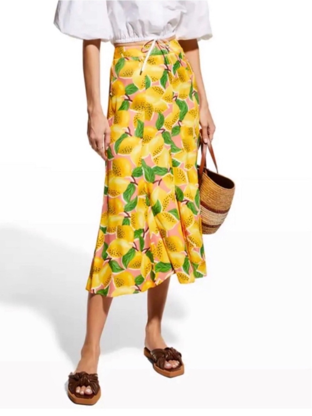 FARM Rio Fresh Lemons Midi Skirt Pink Yellow Lemon Citrus Print Sz M